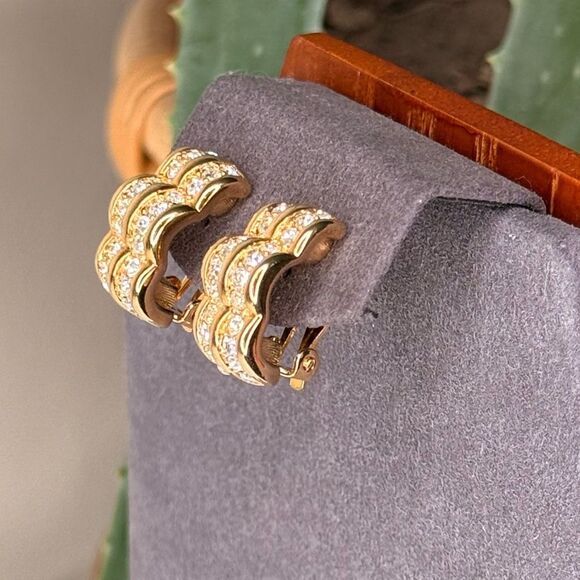 Swarovski Jewelry - Vintage Swarovski Swan Signed Clip-On Earrings Gold Tone Crystal Pavé 1980s